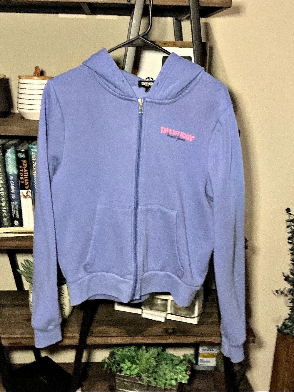 True Religion Crystal Wing Zip Hoodie in Light Blue Size Large
